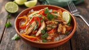 A colorful bowl filled with zesty chicken fajitas