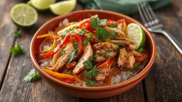 A colorful bowl filled with zesty chicken fajitas