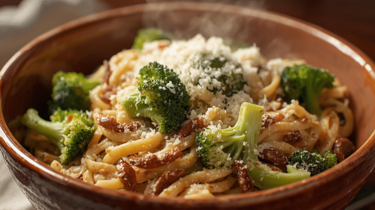 A bowl of healthy broccoli pasta with whole grain pasta, broccoli, and Parmesan cheese on a wooden table.
