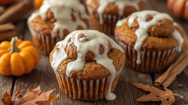Pumpkin cinnamon roll muffins drizzled with cream cheese glaze on a rustic table with autumn decorations.