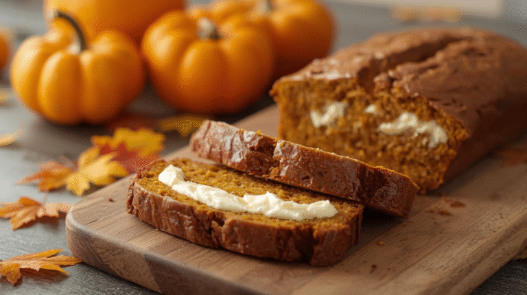 Sliced pumpkin cream cheese bread on a wooden board, with pumpkins and autumn leaves in the background.