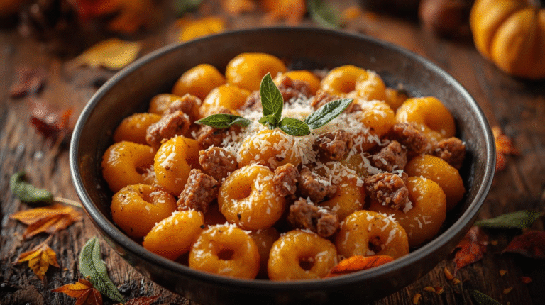 Butternut squash gnocchi with sausage, garnished with sage and Parmesan, on a rustic table with autumn decor.