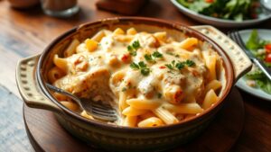 Baked Chicken Alfredo with pasta and cheese, garnished with parsley, served in a rustic dish.