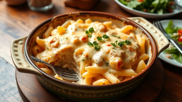 Baked Chicken Alfredo with pasta and cheese, garnished with parsley, served in a rustic dish.