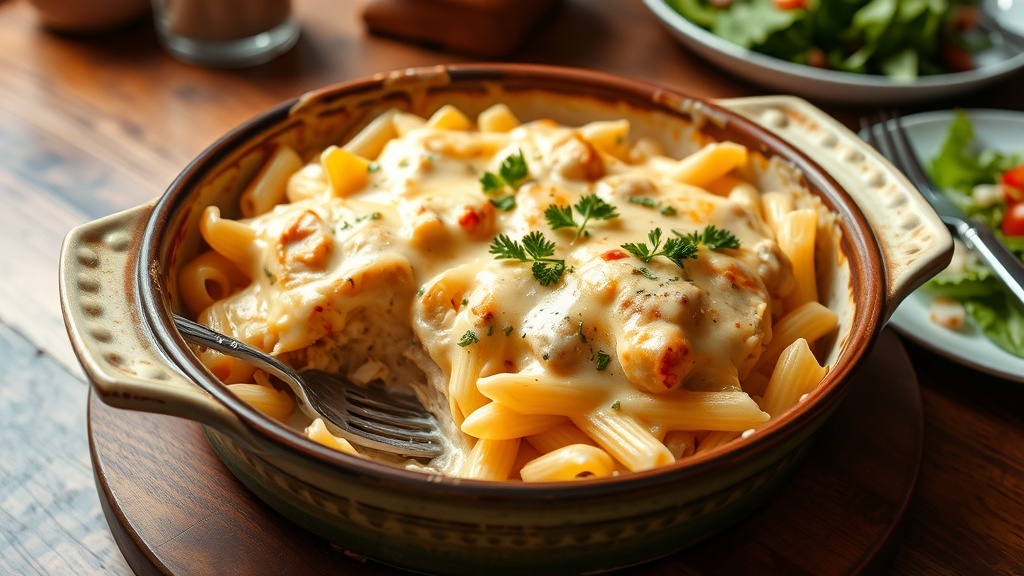 Baked Chicken Alfredo with pasta and cheese, garnished with parsley, served in a rustic dish.