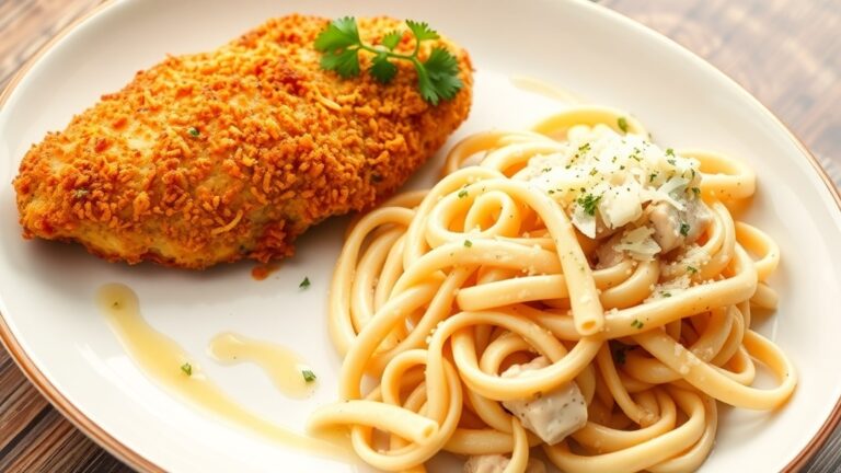 Crispy parmesan crusted chicken breast with pasta, garnished with parsley on a rustic table.