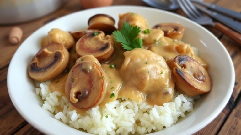 Creamy crockpot chicken and mushrooms served over rice, garnished with parsley, in a cozy kitchen setting.