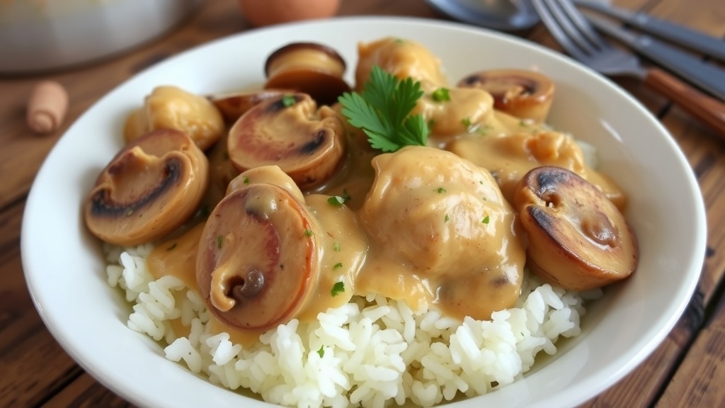 Creamy crockpot chicken and mushrooms served over rice, garnished with parsley, in a cozy kitchen setting.