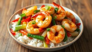 Honey garlic shrimp with mixed vegetables on a plate, garnished with green onions and sesame seeds, served over rice.