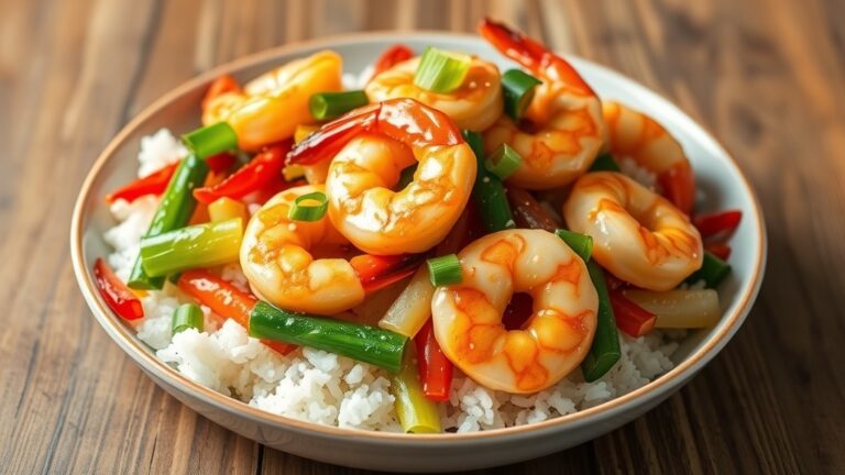 Honey garlic shrimp with mixed vegetables on a plate, garnished with green onions and sesame seeds, served over rice.