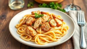 A plate of creamy Cajun chicken pasta with fettuccine, chicken strips, and parsley garnish on a rustic table.