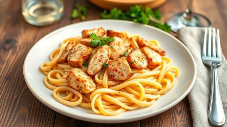 A plate of creamy Cajun chicken pasta with fettuccine, chicken strips, and parsley garnish on a rustic table.