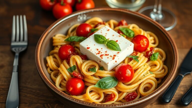 Baked feta pasta with cherry tomatoes and fresh basil in a rustic bowl on a wooden table.