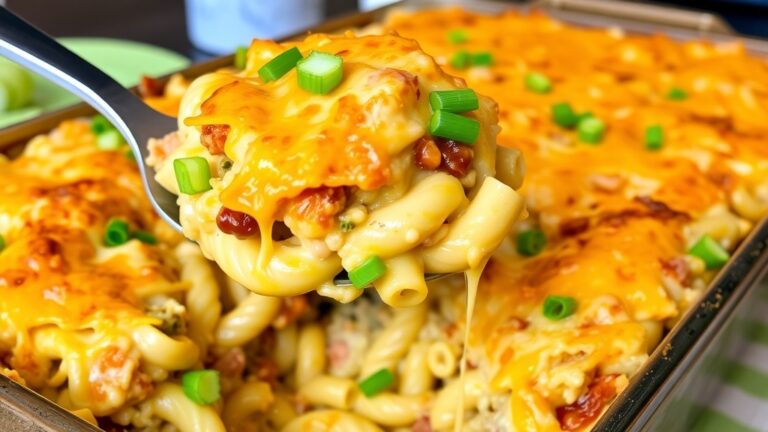 Cheesy taco pasta bake in a baking dish, topped with melted cheese and garnished with green onions.