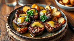 Garlic butter steak bites with crispy potatoes garnished with parsley on a rustic table.