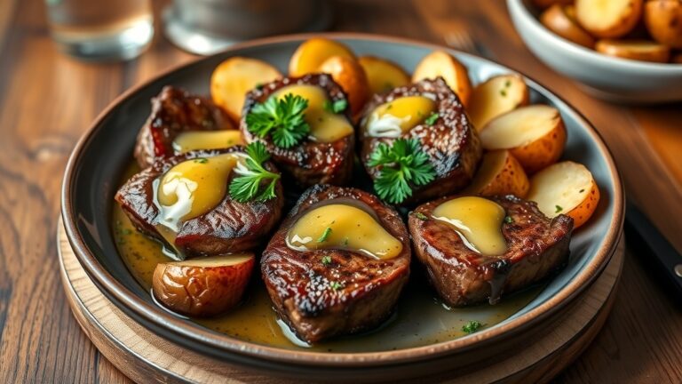 Garlic butter steak bites with crispy potatoes garnished with parsley on a rustic table.