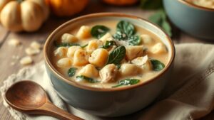A cozy bowl of creamy chicken gnocchi soup with chicken, gnocchi, and spinach, garnished with Parmesan cheese.