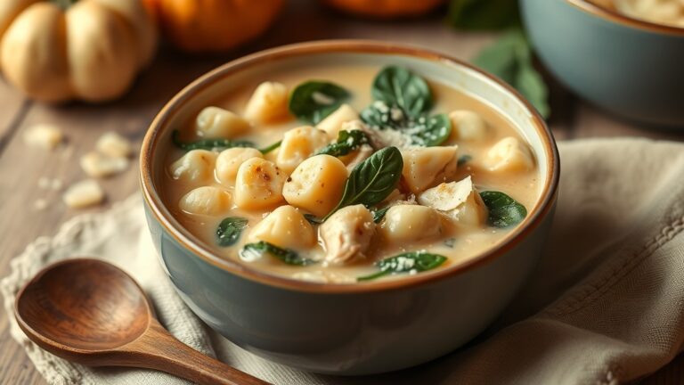A cozy bowl of creamy chicken gnocchi soup with chicken, gnocchi, and spinach, garnished with Parmesan cheese.
