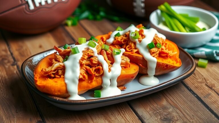 Spicy buffalo chicken stuffed sweet potatoes topped with ranch dressing and green onions on a rustic table.