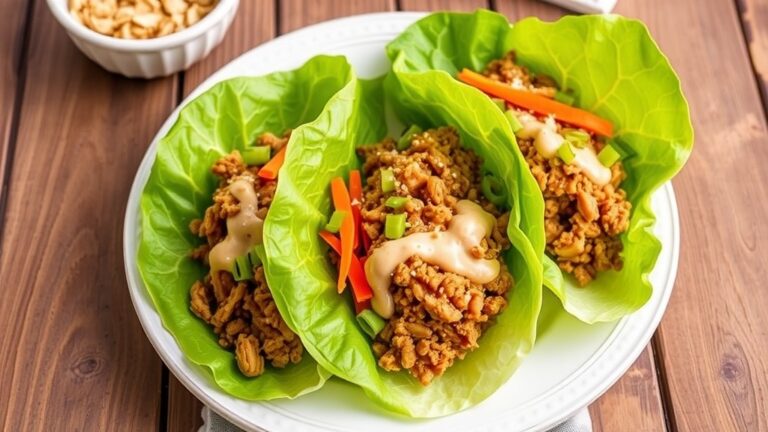Thai Peanut Chicken Lettuce Wraps filled with ground chicken, garnished with carrots and green onions on a wooden table.