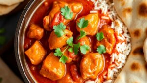A bowl of Chicken Tikka Masala with rice and naan, garnished with cilantro.