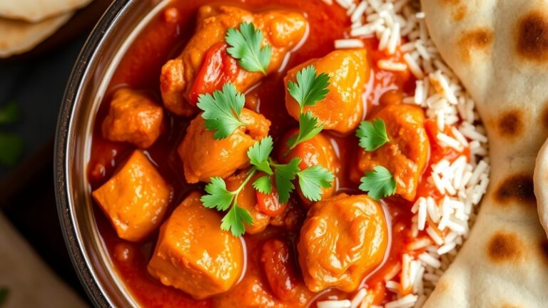 A bowl of Chicken Tikka Masala with rice and naan, garnished with cilantro.