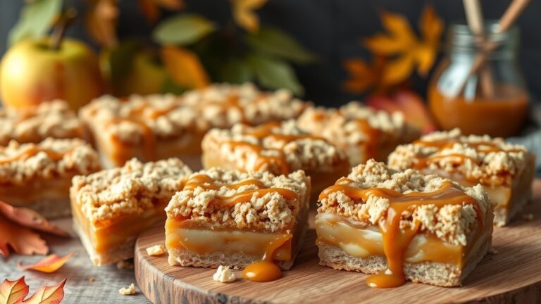 Salted caramel apple crumble bars drizzled with caramel, displayed on a wooden board with autumn leaves.