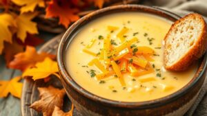 A bowl of Cheddar Garlic Herb Potato Soup garnished with herbs and cheese, alongside crusty bread in a cozy kitchen.