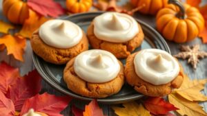 Soft pumpkin cookies with cinnamon frosting on a plate, decorated with autumn leaves and small pumpkins.