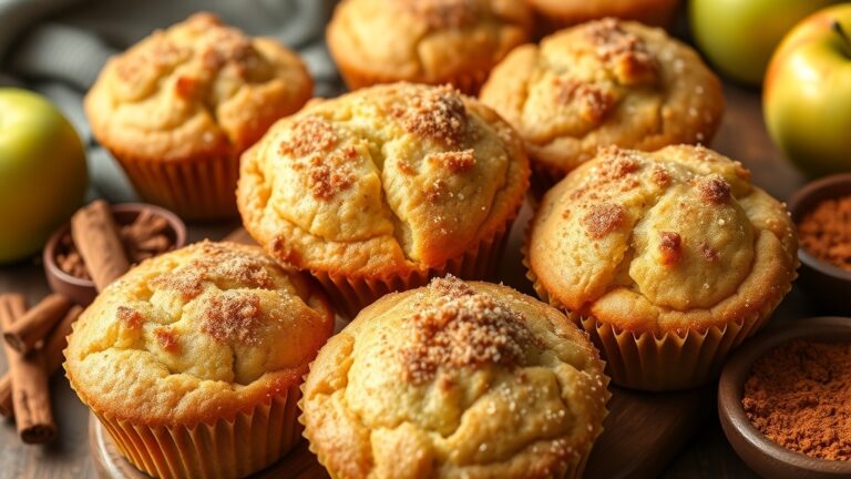 Freshly baked apple cinnamon muffins on a wooden table with apples and cinnamon.