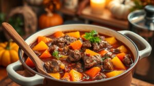 A hearty beef stew with carrots and potatoes in a rustic kitchen setting, garnished with parsley.