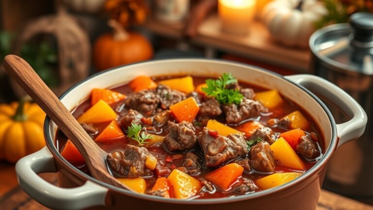 A hearty beef stew with carrots and potatoes in a rustic kitchen setting, garnished with parsley.