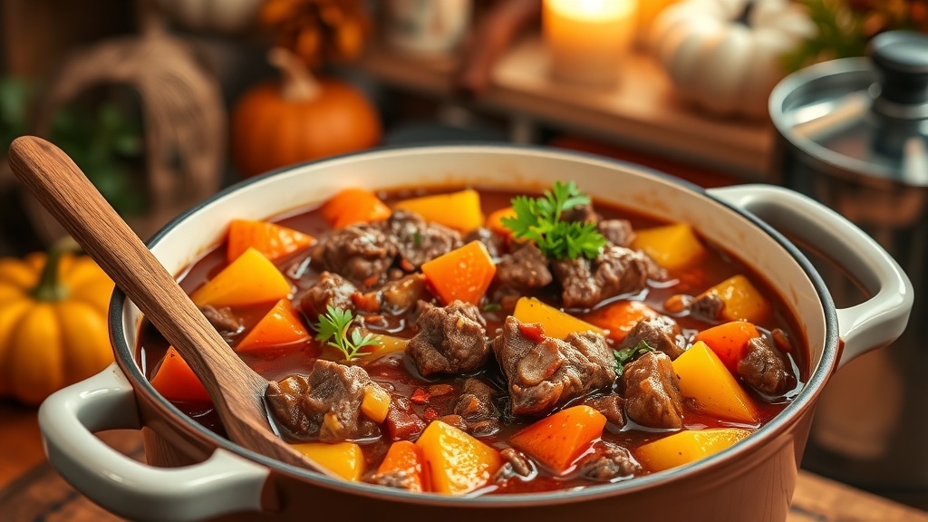 A hearty beef stew with carrots and potatoes in a rustic kitchen setting, garnished with parsley.
