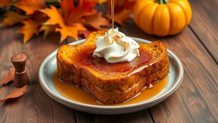 Pumpkin French Toast with whipped cream and maple syrup, surrounded by autumn decorations.
