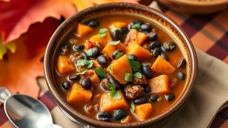 A hearty bowl of sweet potato turkey chili with black beans and cilantro, surrounded by fall decorations.