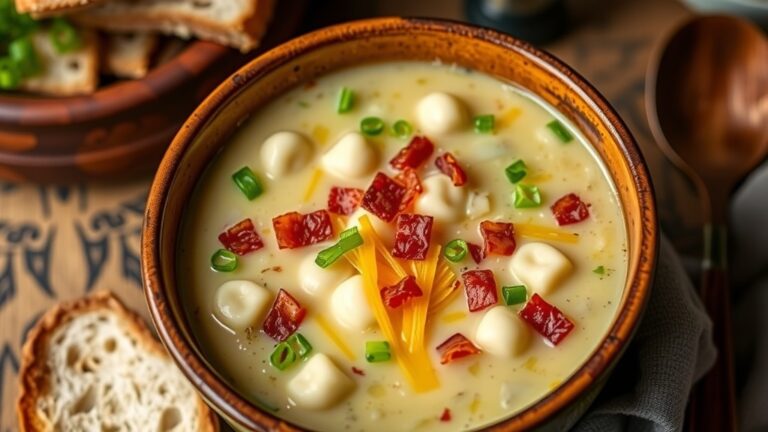 Bacon Cheddar Gnocchi Soup in a rustic bowl, garnished with green onions, alongside crusty bread.