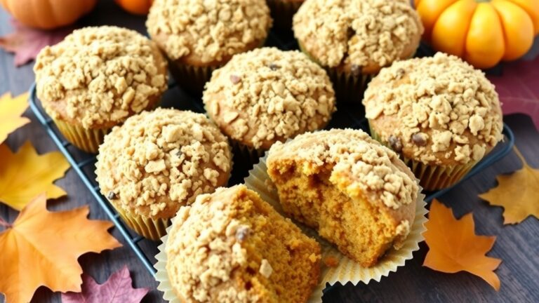 Freshly baked Apple Pumpkin Streusel Muffins on a wooden table with autumn decorations.