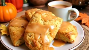 Maple chai glazed scones on a plate with a cup of chai tea latte, set in a cozy kitchen.