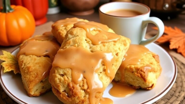 Maple chai glazed scones on a plate with a cup of chai tea latte, set in a cozy kitchen.