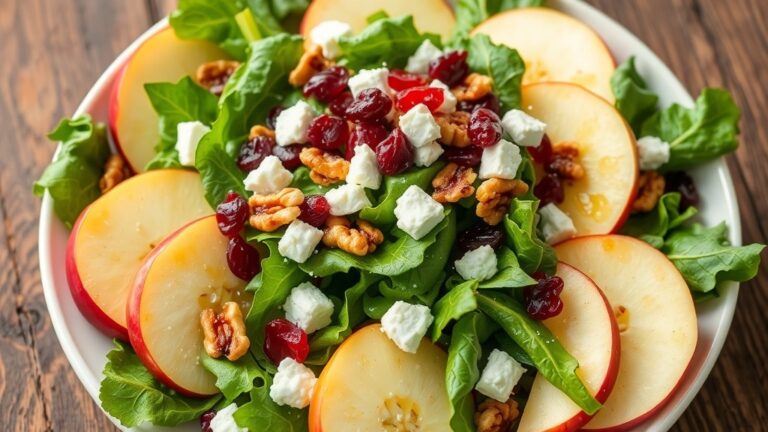 A colorful salad with Honeycrisp apples, feta cheese, walnuts, and greens on a rustic wooden table.
