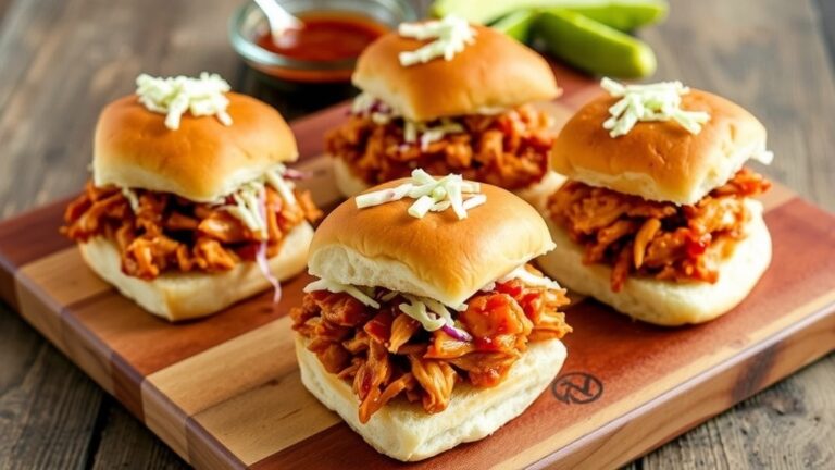 A delicious platter of BBQ chicken sliders with coleslaw on soft buns, served on a rustic wooden table.