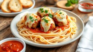 Cheesy chicken parmesan meatballs on spaghetti with marinara sauce and parsley garnish.