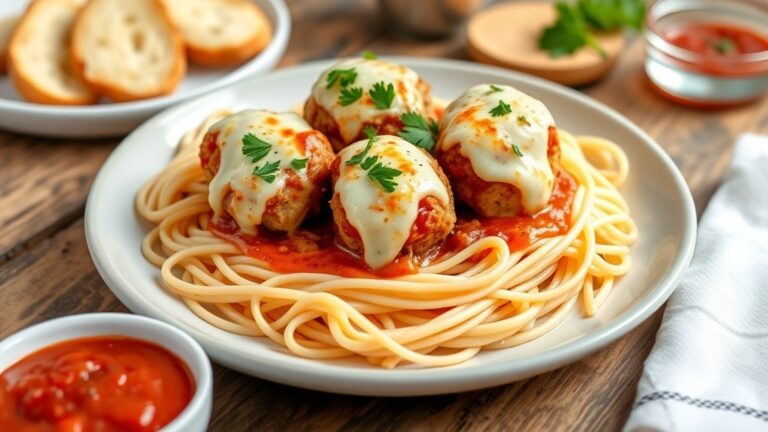 Cheesy chicken parmesan meatballs on spaghetti with marinara sauce and parsley garnish.