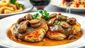 Elegant Chicken Marsala with mushrooms on a white plate, garnished with parsley, served with pasta and wine.