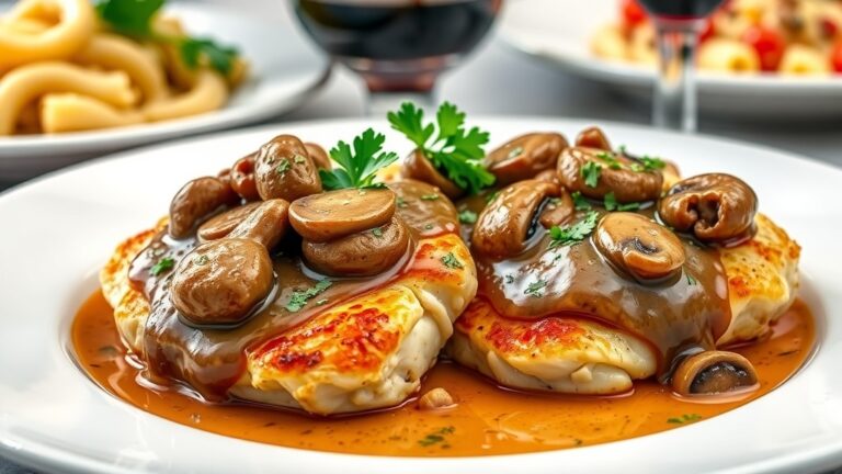 Elegant Chicken Marsala with mushrooms on a white plate, garnished with parsley, served with pasta and wine.