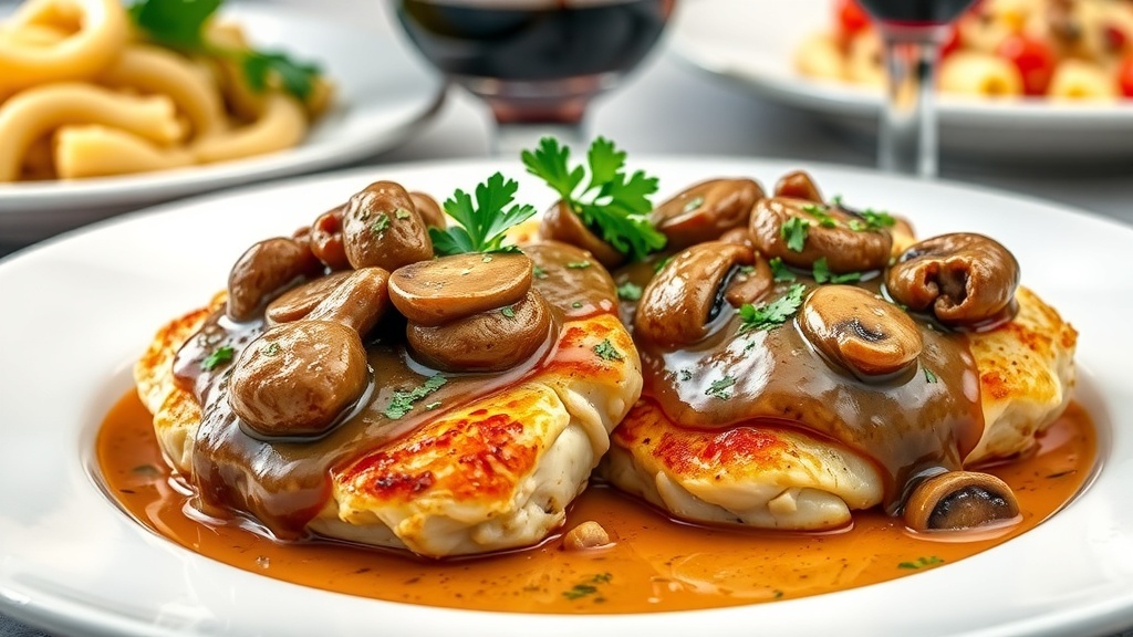 Elegant Chicken Marsala with mushrooms on a white plate, garnished with parsley, served with pasta and wine.